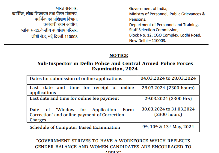 SSC CPO Recruitment 2024 Notification PDF (OUT) Delhi Police SI Last